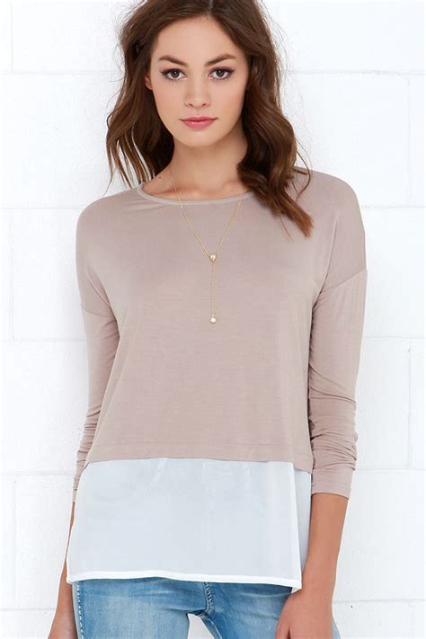 Cute Taupe Top Jersey Knit Top Long Sleeve Top 32 00 Lulus