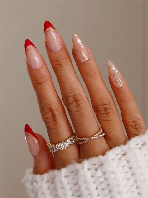 Red French Tips With Gold Foils Nails French Tip Nails Red Tip Nails