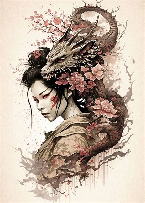 Geisha Dragon Poster By Graphic Japanese Displate Japanese Tattoo