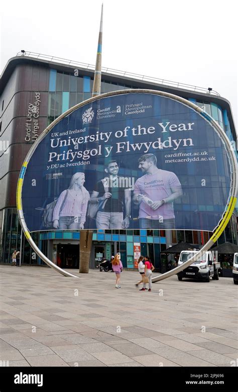 Cardiff Central Library with very large university banner. August 2022 ...