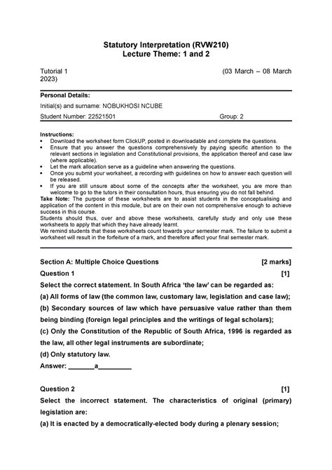 Tutorial 1 RVW 210 2023 NONE Statutory Interpretation RVW210