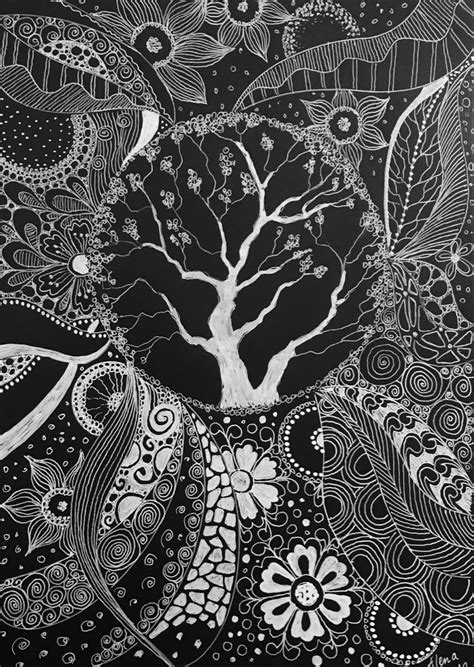 White Pen On Black Paper Drawing Zwart Papier Zendoodle Tekenen