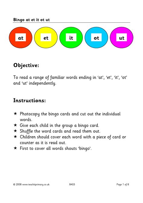 Bingo At Et It Ot Ut Phase 2 Phonics F Teachit