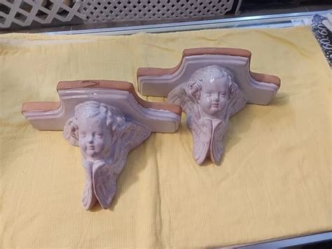 VINTAGE SET OF WALL SHELF Art Nouveau Cherub Angel Head POTTERY CERAMIC