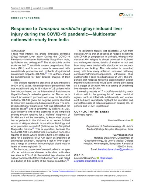 Pdf Response To Tinospora Cordifolia Giloy Induced Liver Injury