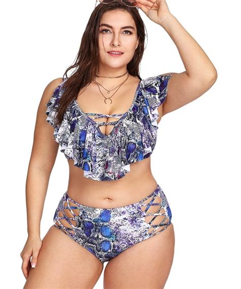 Womens Plus Size Cutout High Waist Criss Cross Flounce Falbala Bikini