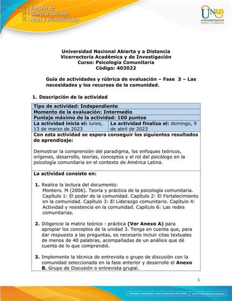 Unidad Fase Las Necesidades Y Los Recursos De La Comunidad Unad