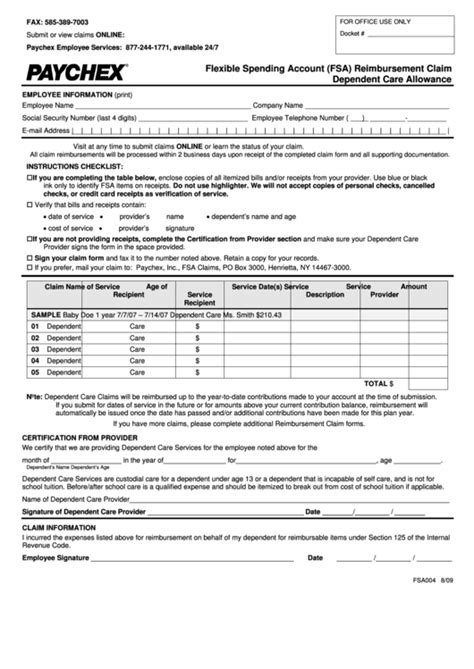 Form Fsa004 Flexible Spending Account Fsa Reimbursement Claim