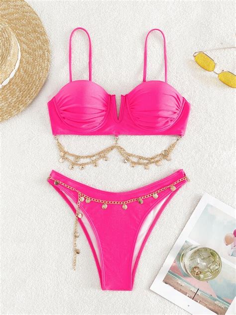 Bañador bikini push up corte V vinculado con cadena Moda de Mujer