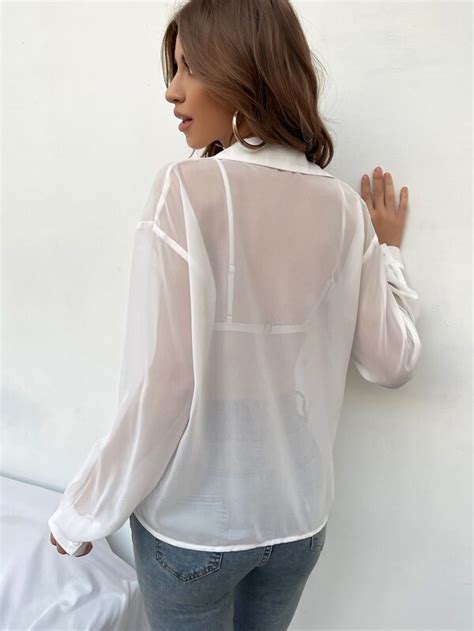 SHEIN Essnce Drop Shoulder Sheer Shirt Without Bra SHEIN IN