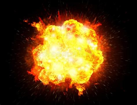 Big Bright Fiery Explosion Isolated In Black Background Big Bright