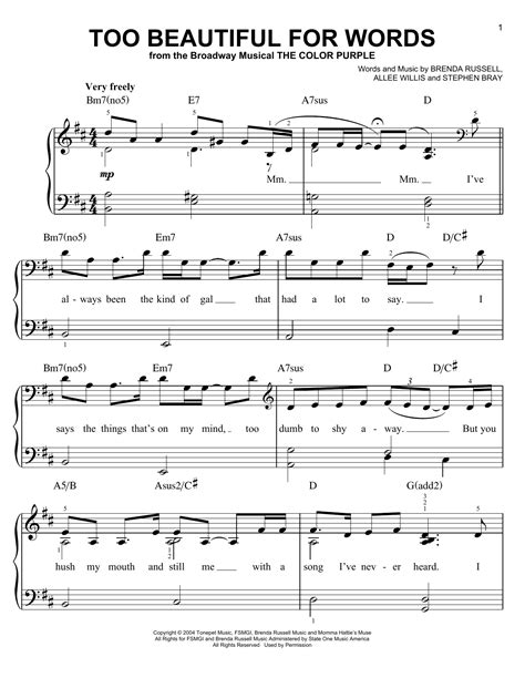 Too Beautiful For Words By The Color Purple Musical Sheet Music For