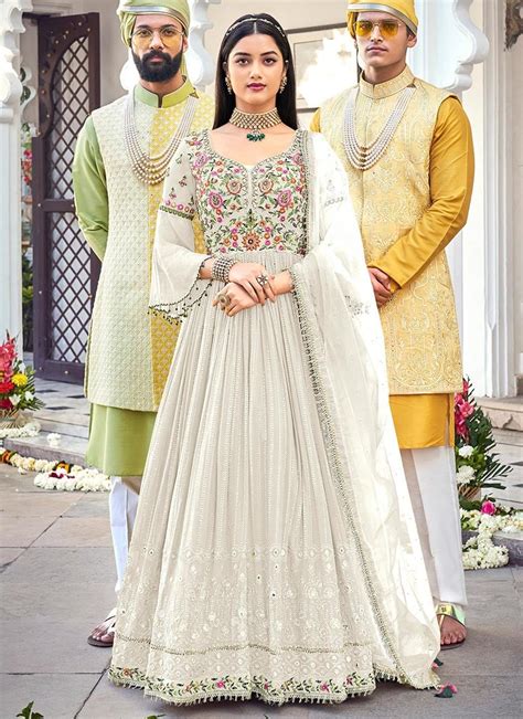 Buy Off White Georgette Embroidered Designer Anarkali Suit Festive Wear