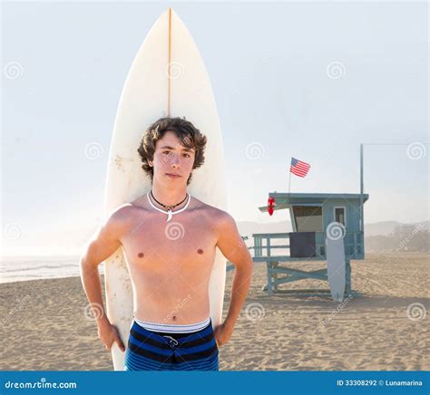 Surfer Boy Teen With Surfboard In Santa Monica Stock Photo Image Of