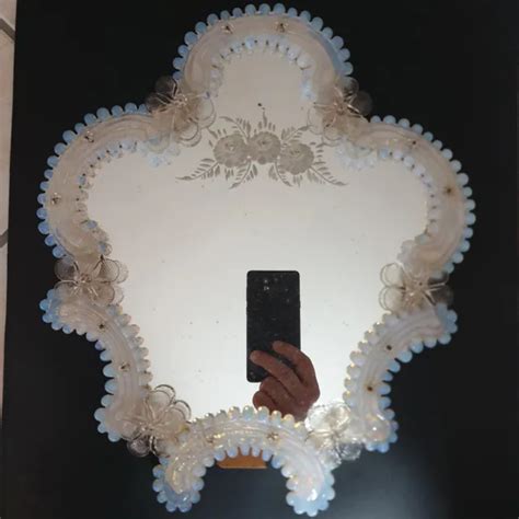 ANCIEN MIROIR VENITIEN Verre Murano Opalescent Decor Fleurs Miroir