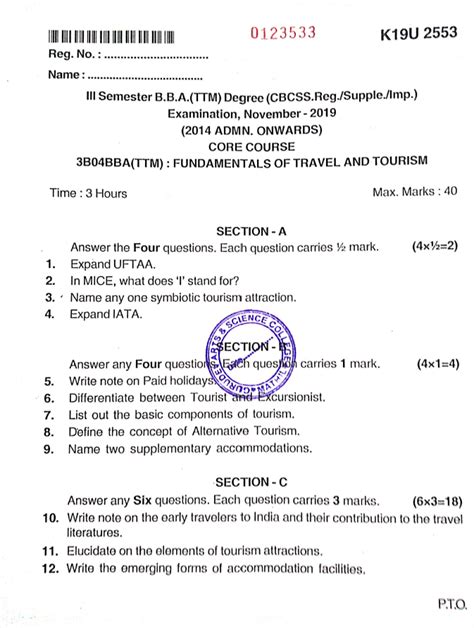 Kannur University B B A Ttm 3b04bba Ttm Fundamentals Of Travel And Tourism November 2019