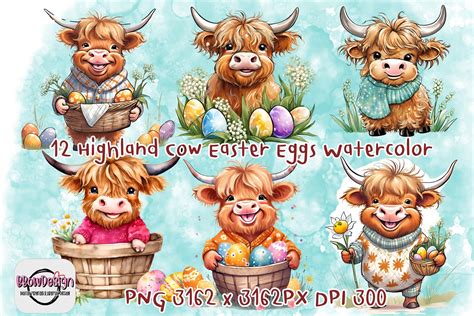 12 Highland Cow Easter Eggs Watercolor Graphic by BbowDesign · Creative