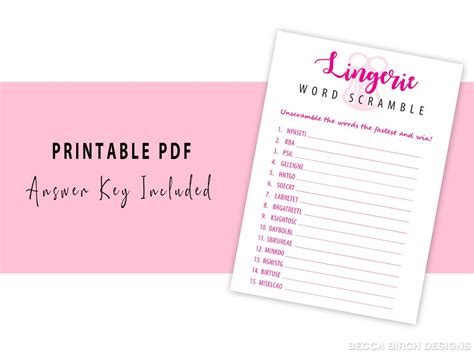 Lingerie Word Scramble Game Bachelorette Party Game Bridal Shower Game Lingerie Party Hen Night