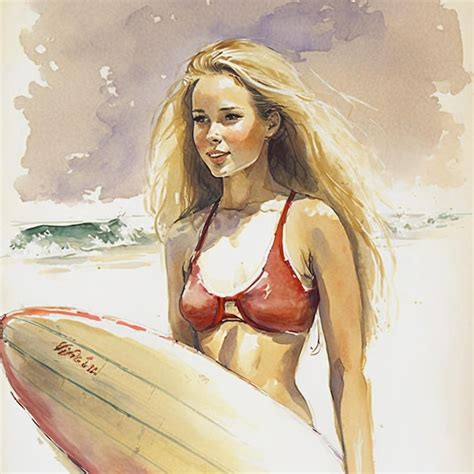Premium AI Image Painting Of A Woman In A Bikini Holding A Surfboard