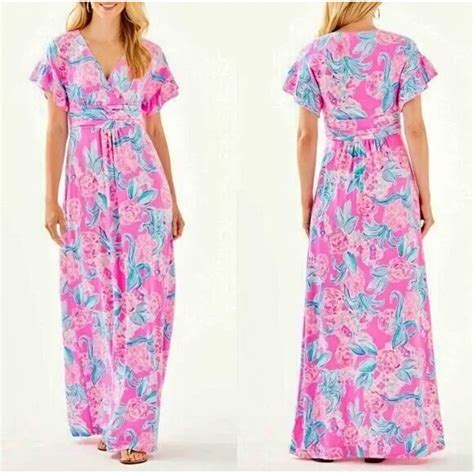 Lilly Pulitzer Pink Floral Flutter Sleeve Jessi Maxi Dress EBay