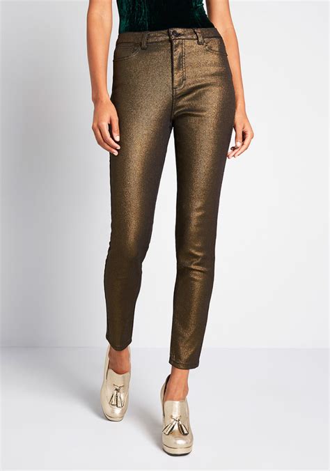 Modcloth The Hollywood Metallic Denim Pants Gold Modcloth Gold