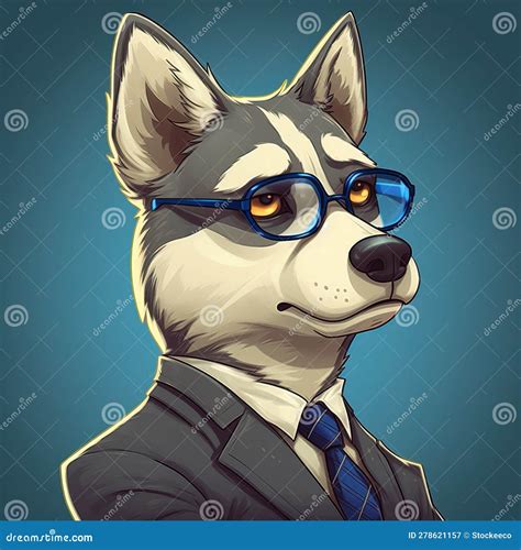 Cartoon Husky In Suit With Blue Eyes And Glasses Stock Illustration