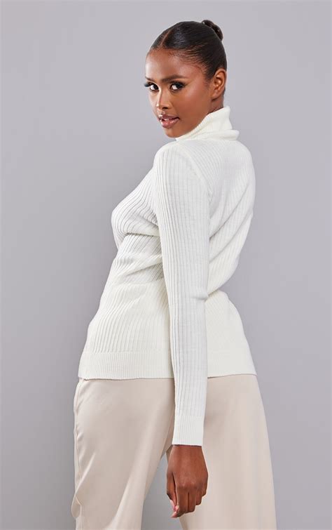 Ecru Rib Knit Roll Neck Jumper Knitwear Prettylittlething