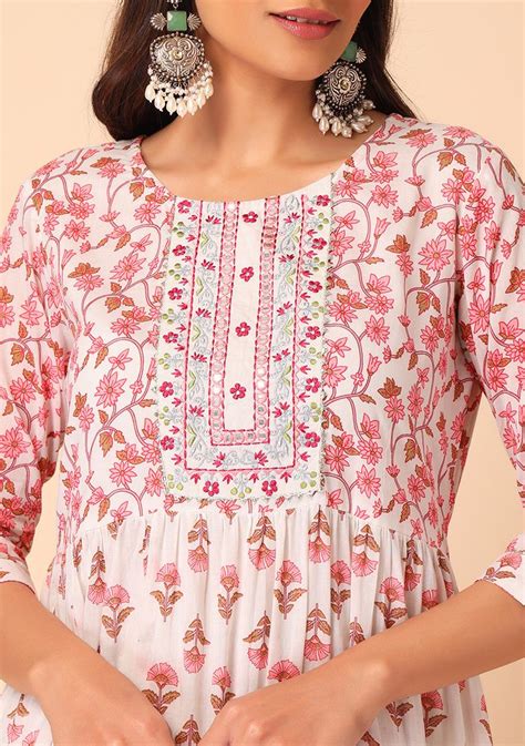 Buy Women Ivory Floral Block Print Embroidered Cotton Anarkali Kurta