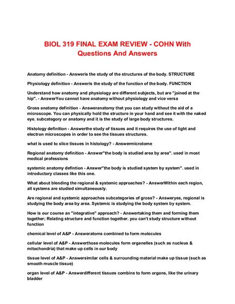 BIOL 319 FINAL EXAM REVIEW COHN With Questions And Answers Browsegrades