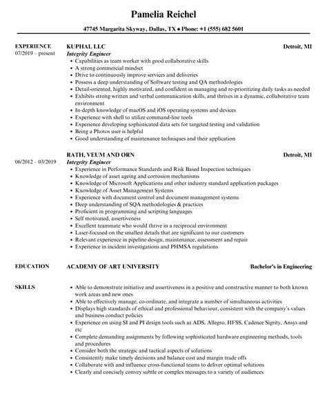 Integrity Engineer Resume Samples Velvet Jobs