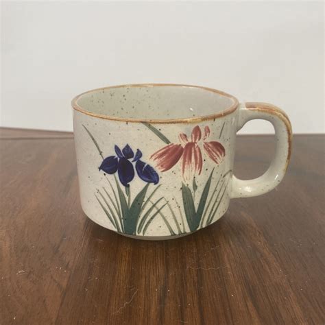 Vintage Otagiri Style Stoneware Speckled Mug Japanese Iris Flowers EBay