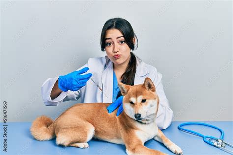 Beautiful Hispanic Veterinarian Woman Putting Vaccine To Puppy Dog