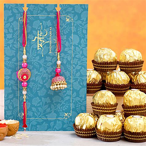 Meenakari Pearl Lumba Rakhi Set With 12 Pcs Ferrero Rocher Usa Gift