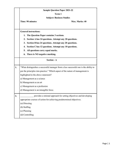 Business Studies Cbse Sample Papers 2021 22 Class 12 Full Marks Pvt