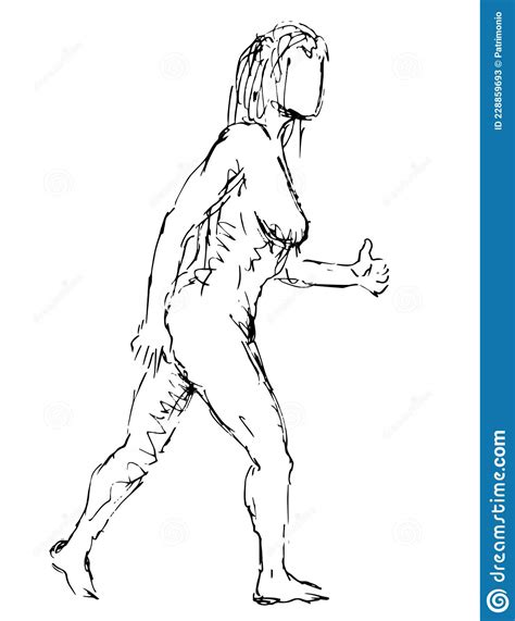 Nude Female Human Figure Striding With Thumb Up Side View Doodle Art Line Stock Vector