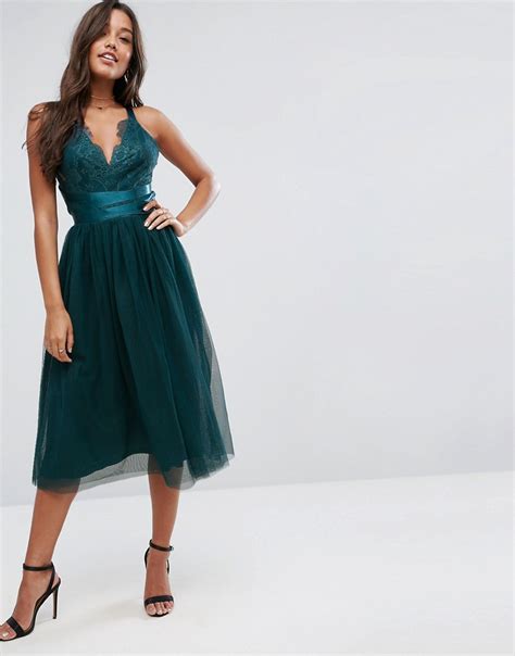 Asos Premium Lace Top Tulle Midi Prom Dress With Ribbon Ties Shopperboard