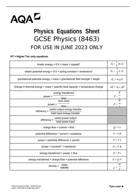 Aqa Physics Equations Sheet Gcse Physics 8463 For Use In June 2023 Only