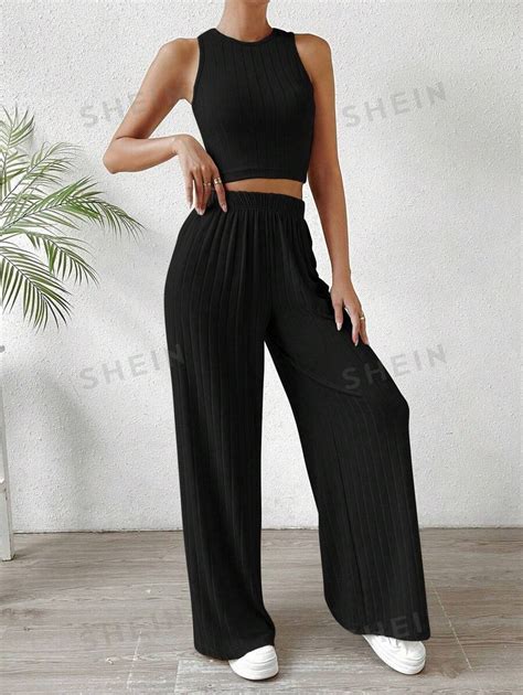 SHEIN Essnce Unicolore Top Sans Manches Pantalon Ample Mode En