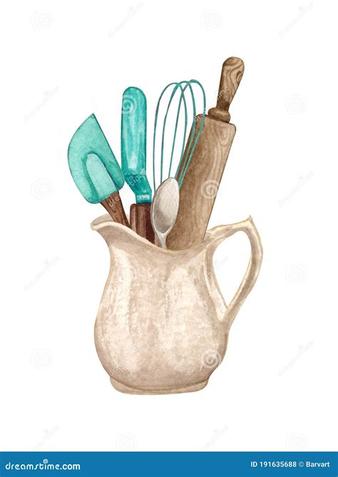 Baking Watercolor Illustration With Kitchen Utensils In A Clay Jag