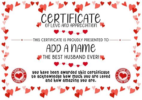 Valentines Day Card Certificate For Husband Wife Boyfriend Girlfriend Him Her Fiance Fiancee