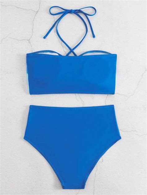 Shein Swim Summer Beach Color Block Halter High Waisted Bikini Set For Sale Australia New