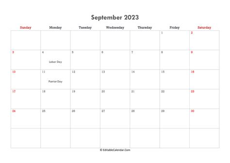 Editable Calendar September 2023