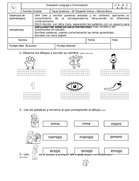 Prueba Lecciones Taller De Escritura Observa Los Dibujos Y