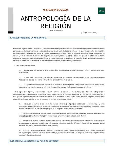 Guías I y II Antropología de la Religión ASIGNATURA DE GRADO DE LA