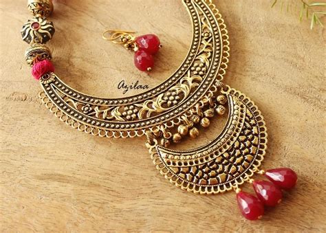 Maroon Statement Ethnic Antique Gold Tone Necklace Earrings Set At