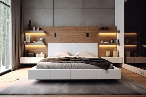 Premium AI Image | Bedroom with a platform bed builtin storage and ...