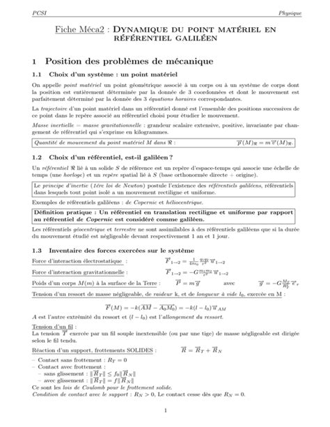 Fiche M Ca Dynamique Du Point Mat Riel En R F Rentiel Galil En