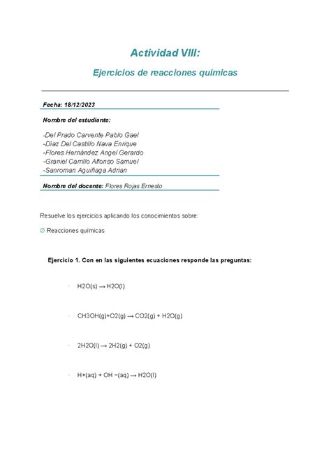 Actividad 10 Química Actividad VIII Ejercicios de reacciones