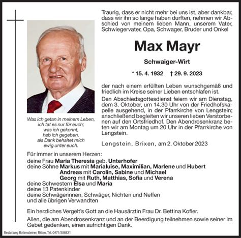 Traueranzeigen Von Max Mayr Trauer Bz