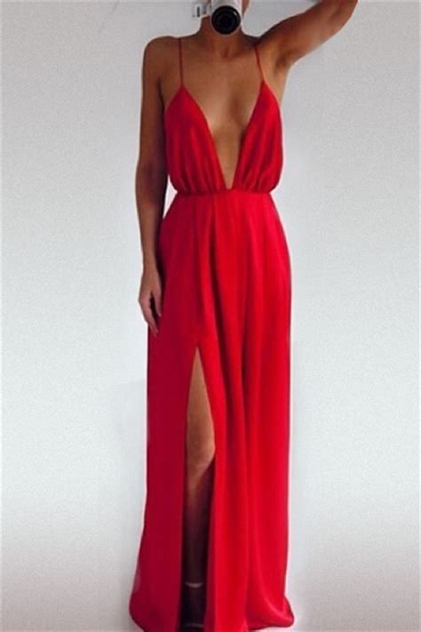 Sexy Deep V Neck Spaghetti Strap Sleeveless Backless Front Split Red